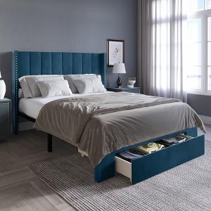 ChaletPosh King Size Platform Bed with Storage Navy Blue Velvet - 1 of 4