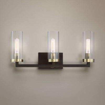 Aged Bronze and Brass 3-Light Cylinder Vanity Fixture