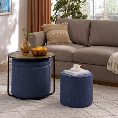 CAVINAS Set of 3 Storage Ottoman and Table,Multi-functional Combination Set table Ottoman with Drum Stool,Ottoman Bench for Living Room,Blue