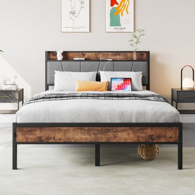 Grungis Bed Frame with Storage Headboard,Modern Platform Bed with Charging Station for Bedroom,No Box Spring Needed, Easy Assembly