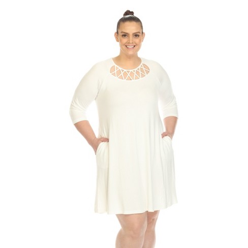 Elegant Trapeze Midi Dress With 3/4 Sleeves In White