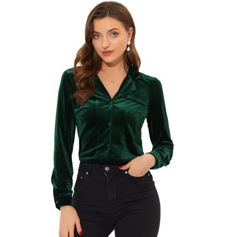 Allegra K Women's Velvet Collared V Neck Long Sleeve Button Down Shirts  Dark Green Medium : Target