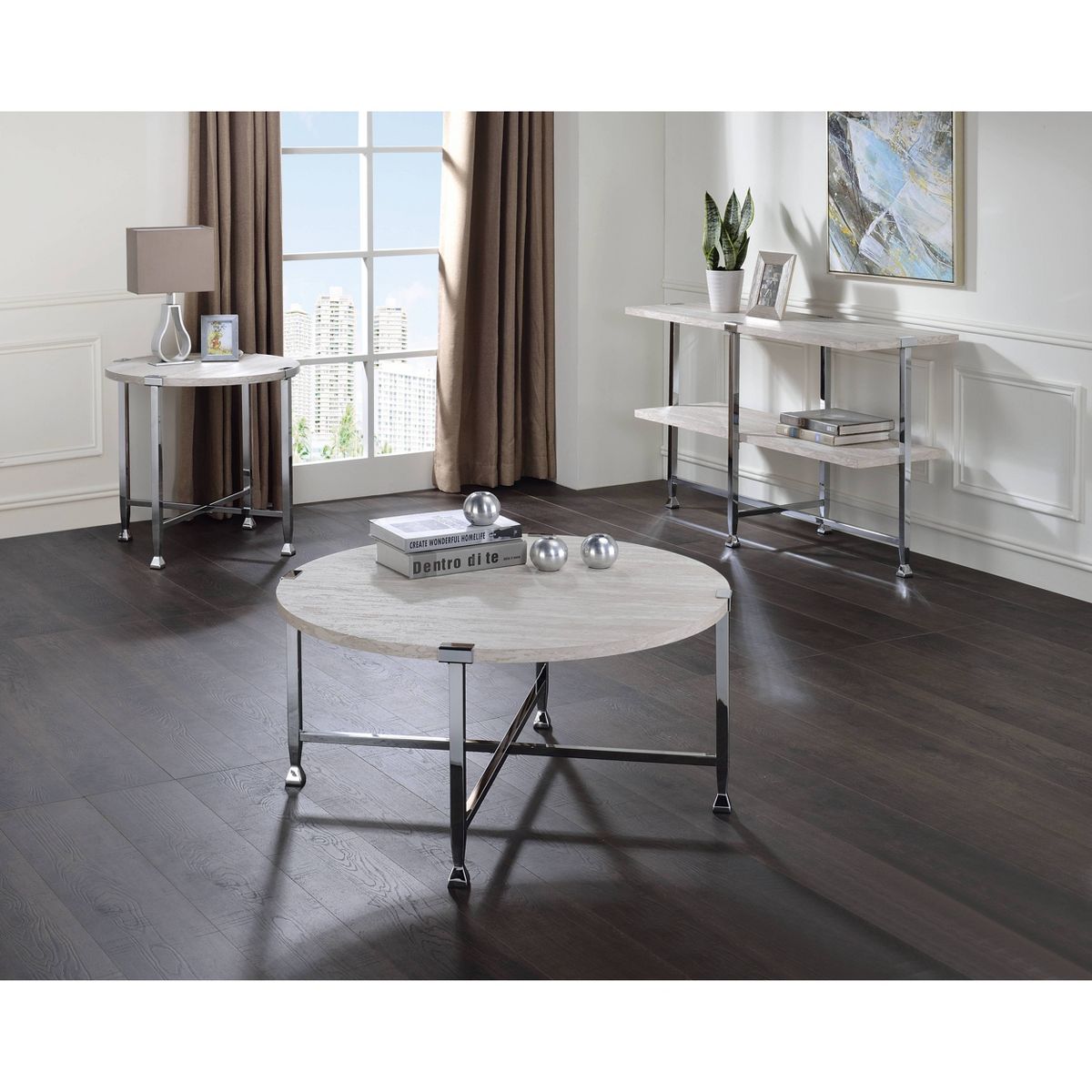 Acme Furniture Brecon Accent Table White Oak/Chrome Finish - thumbnail 5