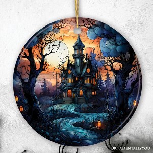 Dark and Gloomy Haunted House Stained Glass Style Ceramic Ornament, Halloween Themed Christmas Gift and Decor| OrnamentallyYou - 1 of 4