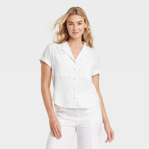 Women's Short Sleeve Button Down Collar Shirt, White