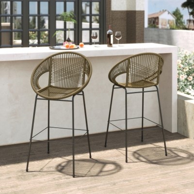 Set of 2 PE Wicker Outdoor Bar Stools with Curved Backrest, Metal Frame Counter Height Chairs for Patio, Deck, or Balcony-Maison Boucle