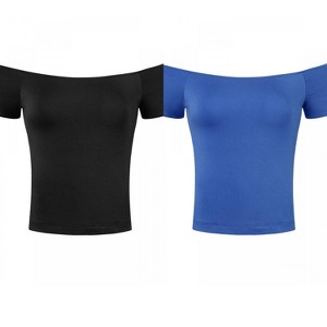 Allegra K Women's Short Sleeves Off The Shoulder Stretchy Fabric Solid Crop Top 2 Packs - 1 of 4