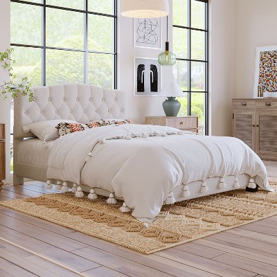 Sapphtopaz Platform Bed Frame with Saddle Headboard and Diamond Tufted Upholstered Bed Frame Slats Support, No Box Spring Needed