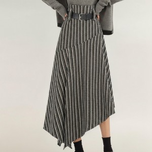 Anna-Kaci Women's Asymmetrical Pinstripe Midi Skirt with High Waist and Tailored Draping - 1 of 4