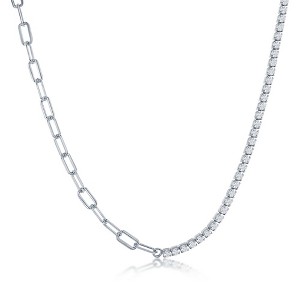 Bella Silver Sterling Silver Half 3mm Paperclip & Half 2mm Tennis Necklace - Silver - 16+2 Inch - 1 of 2
