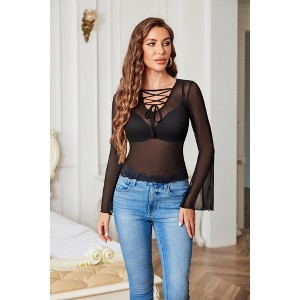 Avidlove Bell Sleeve Criss Cross V Neck Tops for Women Sheer Mesh