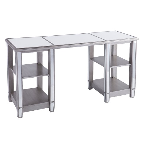 Warakin Mirrored Desk Brushed Matte Silver With Mirror Aiden