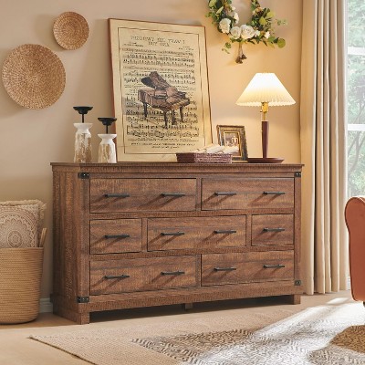 SinCiDo Farmhouse 7 Drawer Dresser, 54" Wide Wood Bedroom Furniture w/ Natural Texture & Metal Handles for Living Room, Hallway