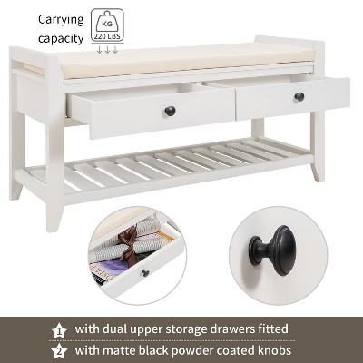 White MDF Entryway Storage Bench with Beige Cushion