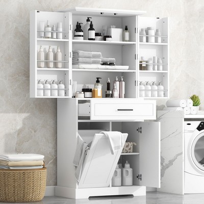 NicBex Tall&Wide Freestanding Bathroom Storage Cabinet,Versatile Storage Cabinet with 11 Adjustable Shelves,1 Drawer&1 Tilt-Out Hamper