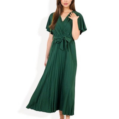 Anna-Kaci Women's V-Neck Flutter Sleeve Maxi Dress with Pleated Skirt and Waist Tie