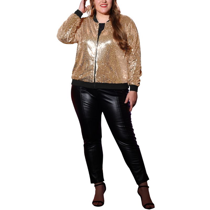 Agnes Orinda Women's Plus Size Party Metallic Sequin Sparkle Zip Bomber Jackets, 2 of 7