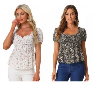 INSPIRE CHIC Women's Short Sleeve Floral Sweetheart Neck Shirred Ruffle Peasant Top 2 Packs - 1 of 4