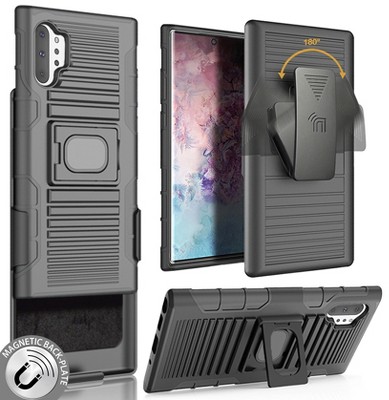 Nakedcellphone Combo for Samsung Galaxy Note 10 Plus - Ring Grip/Stand Case and Belt Clip Holster - Black