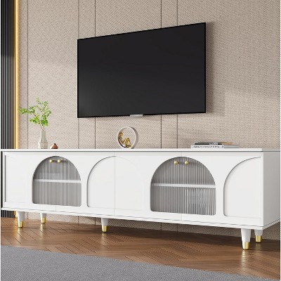 Angel Sar Modern TV Stand for 75 Inch TV, Media Console with Storage, White TV Stand with Handles