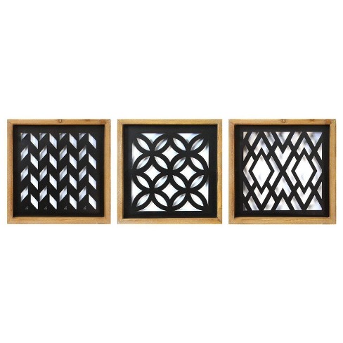 Set Of 3 Modern Wood And Metal Laser Cut Wall Dcor Natural Black Stratton Home Dcor Target