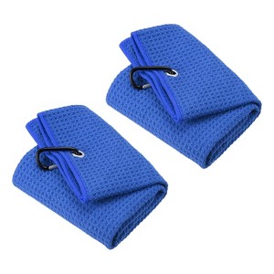 Unique Bargains Super Absorbent Waffle Pattern Tri-Fold Golf Towels with D Clips 2 Pcs - 1 of 4