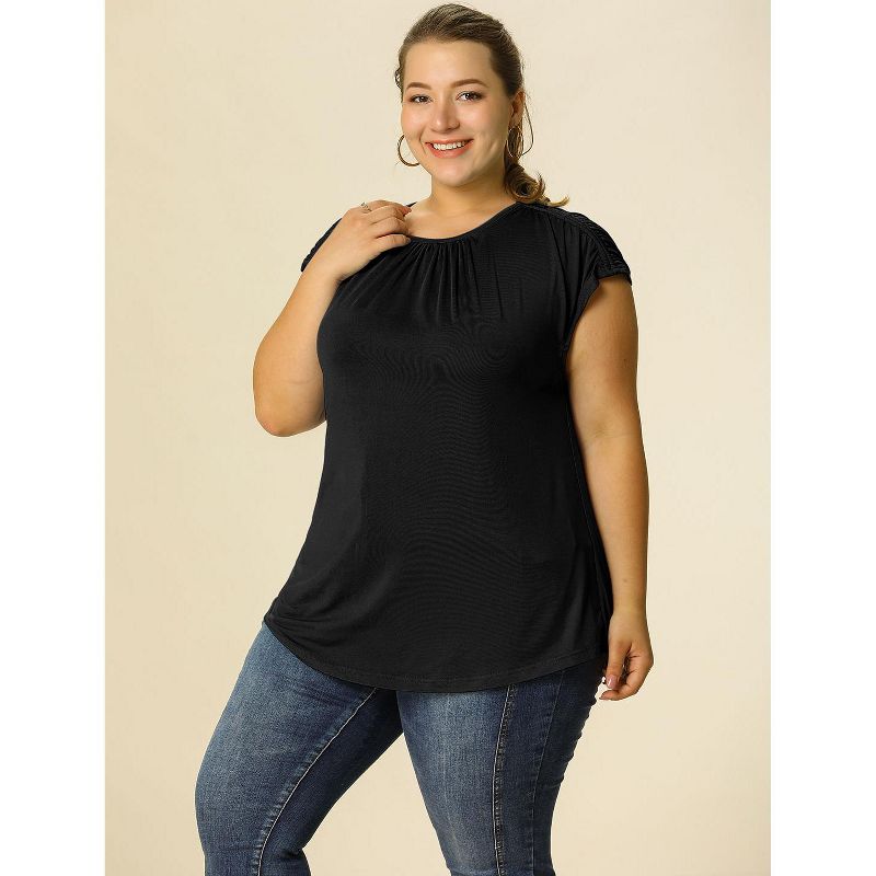 Agnes Orinda Women's Plus Size Round Neck Ruched Short Sleeve Summer Casual Blouses, 5 of 8