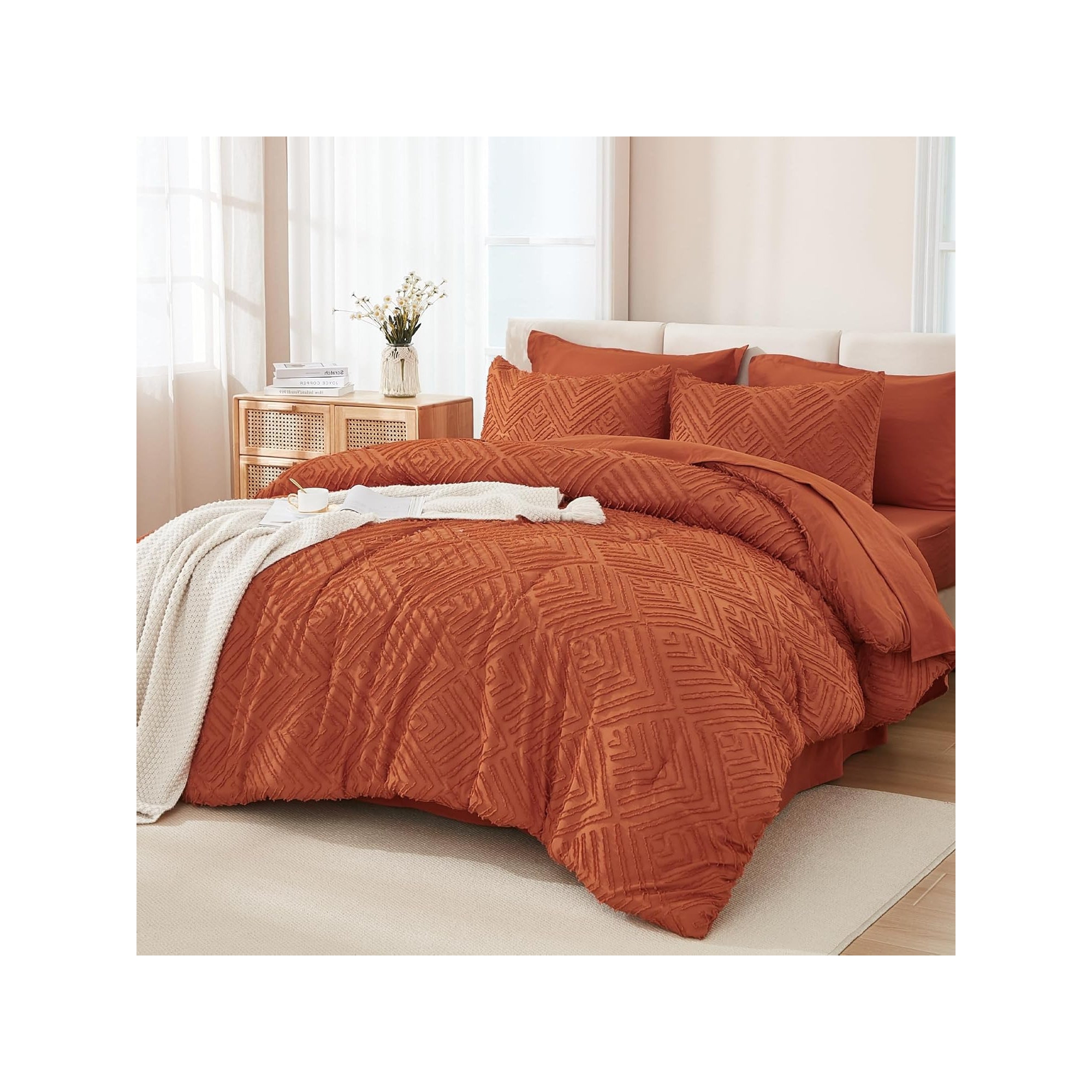 BALHAM TRADE-7 Piece Queen Comforter Set, Lightweight Fluffy, with Comforter Sheets Pillowcases Shams Burnt Orange-Queen 90"x90"