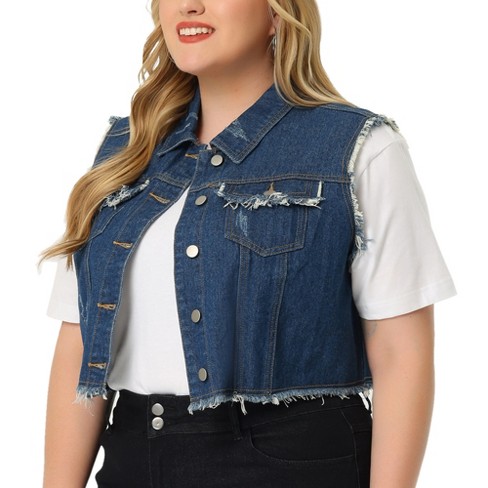 Agnes Orinda Women's Plus Size Jean Raw Hem Button Down Sleeveless Crop  Denim Vest Blue 2x : Target