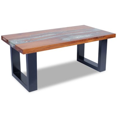 Rustic Teak and Mango Wood Coffee Table with Resin Inlay