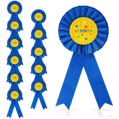 Blue Panda 12 Pack Blue Rosette Award Ribbons Set, Winner for Arts and Crafts (3 x 6 Inches)