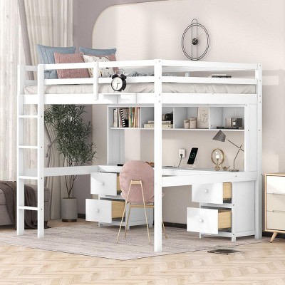 Streamdale Full Size Loft Bed with Desk, Cabinets, Drawers and Bedside Tray, Charging Station, White