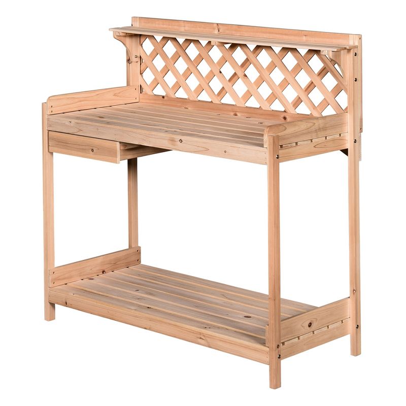 Outsunny Outdoor Garden Potting Bench, Wooden Workstation Table w/ Drawer, Hooks, Open Shelf, Lower Storage and Lattice Back for Patio, Backyard, 4 of 7