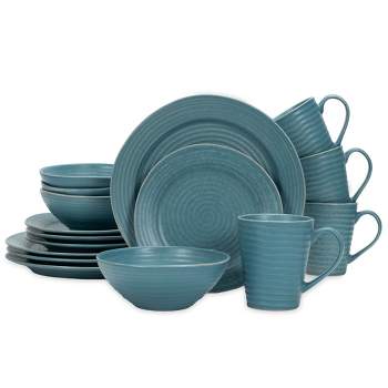 Elanze Designs Chic Ribbed Modern Thrown Pottery Look Ceramic Stoneware Plate Mug & Bowl Kitchen Dinnerware 16 Piece Set - Service for 4, Turquoise