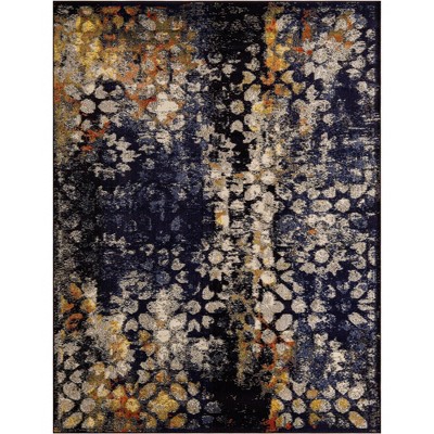 Navy Blue and Ivory Abstract Synthetic 8' x 10' Rug