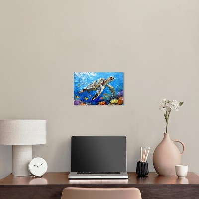 Colorful Coastal Turtle Swimming Canvas Wall Art, 15" x 10"