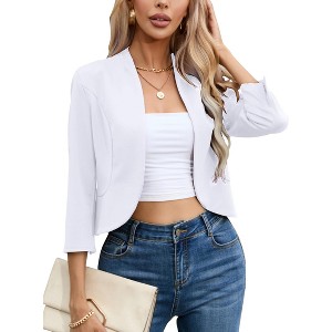 Clearlove Womens Cropped Blazer Casual Business 3/4 Sleeve Collarless Open Front Cardigan Work Jacket Shrug - 1 of 4