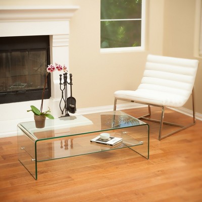 Tempered Glass and Aluminum Rectangular Coffee Table with Open Shelf and Streamlined Waterfall Sides for Living Room, Apartment, or Office