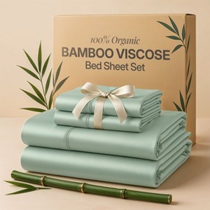 4 Piece Viscose from Bamboo Cooling sheets Ultra Soft 100% Organic Deep Pocket Luxury Bed Sheets with Pillowcases - Lux Decor Collection - 1 of 4