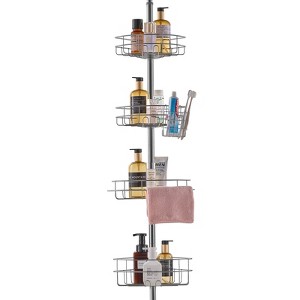 VEVOR Shower Corner Caddy Tension Pole, 56" to 114" High, Multi-Functional Shower Tension Pole with Strong Load-Bearing Tray, Silver - 1 of 4