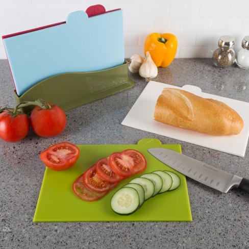 Cutting Board Set, Plastic Cutting Board, Set of 4 Cutting Boards with Storage Stand, Chopping Board Set with Color Coded Food Icon for Kitchen