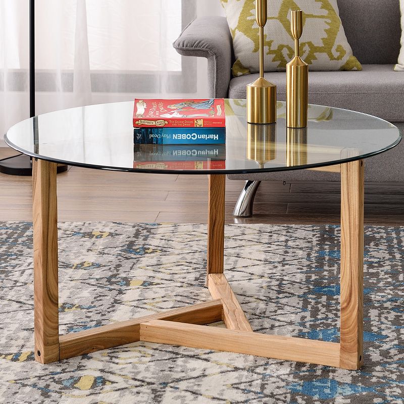 Modern Round Coffee Table Cocktail Table with Tempered Glass Top & Sturdy Wood Base-ModernLuxe, 2 of 9