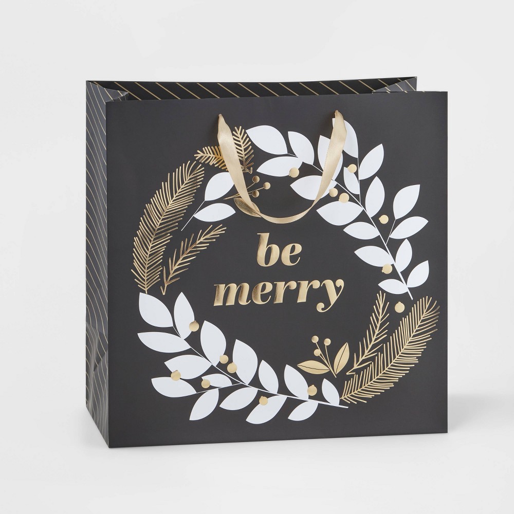 Large Be Merry Wreath Gift Bag Black - Wondershop