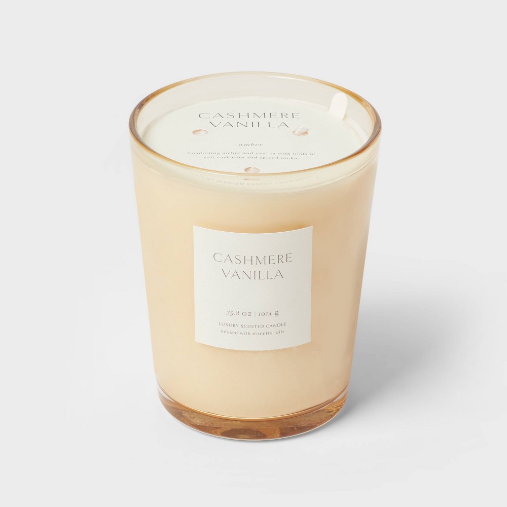 35.8oz Colored Vase Glass with Dustcover Cashmere Vanilla Candle Ivory - Threshold™: Elegant Amber Scent, 70hr Burn