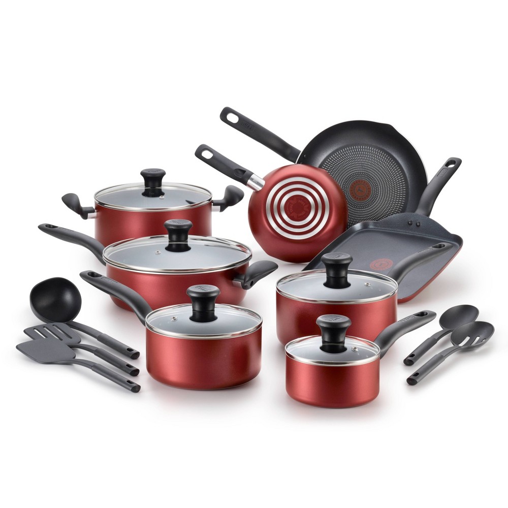 Photos - Bakeware Tefal T-fal 18pc Initiatives Nonstick Cookware Set Red: Tempered Glass Lids, Stay-Cool Handles, Dishwasher & Oven Safe 