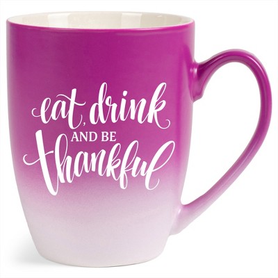 Elanze Designs Eat Drink And Be Thankful Two Toned Ombre Matte Pink and White 12 ounce Ceramic Stoneware Coffee Cup Mug