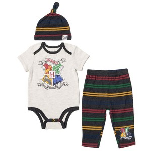 Harry Potter Gryffindor Hufflepuff Ravenclaw Baby Bodysuit Pants and Hat 3 Piece Outfit Set Newborn to Infant - 1 of 4