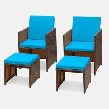 4pc Outdoor Wicker Rattan Set with Cushioned Chairs & Ottomans - Devoko
