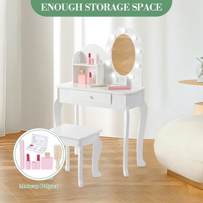 Kids Princess Vanity Set, Make Up Vanity Table with Storage Drawer, White Makeup Dressing Desk for Girls