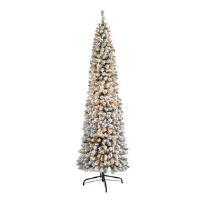 7ft. Flocked Pencil Artificial Christmas Tree with 400 Clear Lights and 574 Branches – Slim Winter Wonderland X-Mas Tree - 1 of 4